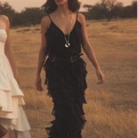 EUC BHLDN Jia Bias-Cut Ruffled V-Neck Gown 14 - Picture 4 of 8